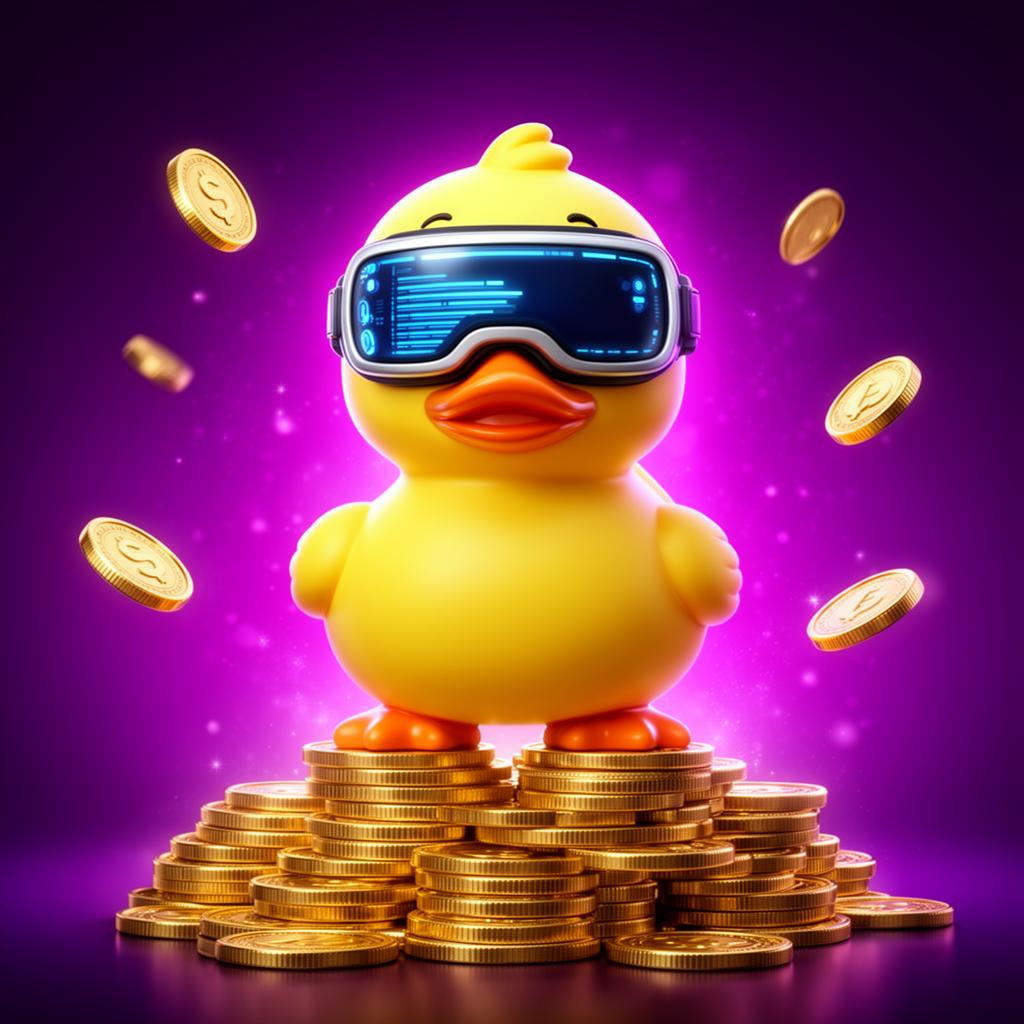 DuckySino mascotte met VR-bril op stapel gouden munten